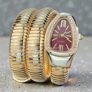 Luxury Serpent-Style Coil Wrap Watch Bracelet Crystal Bezel